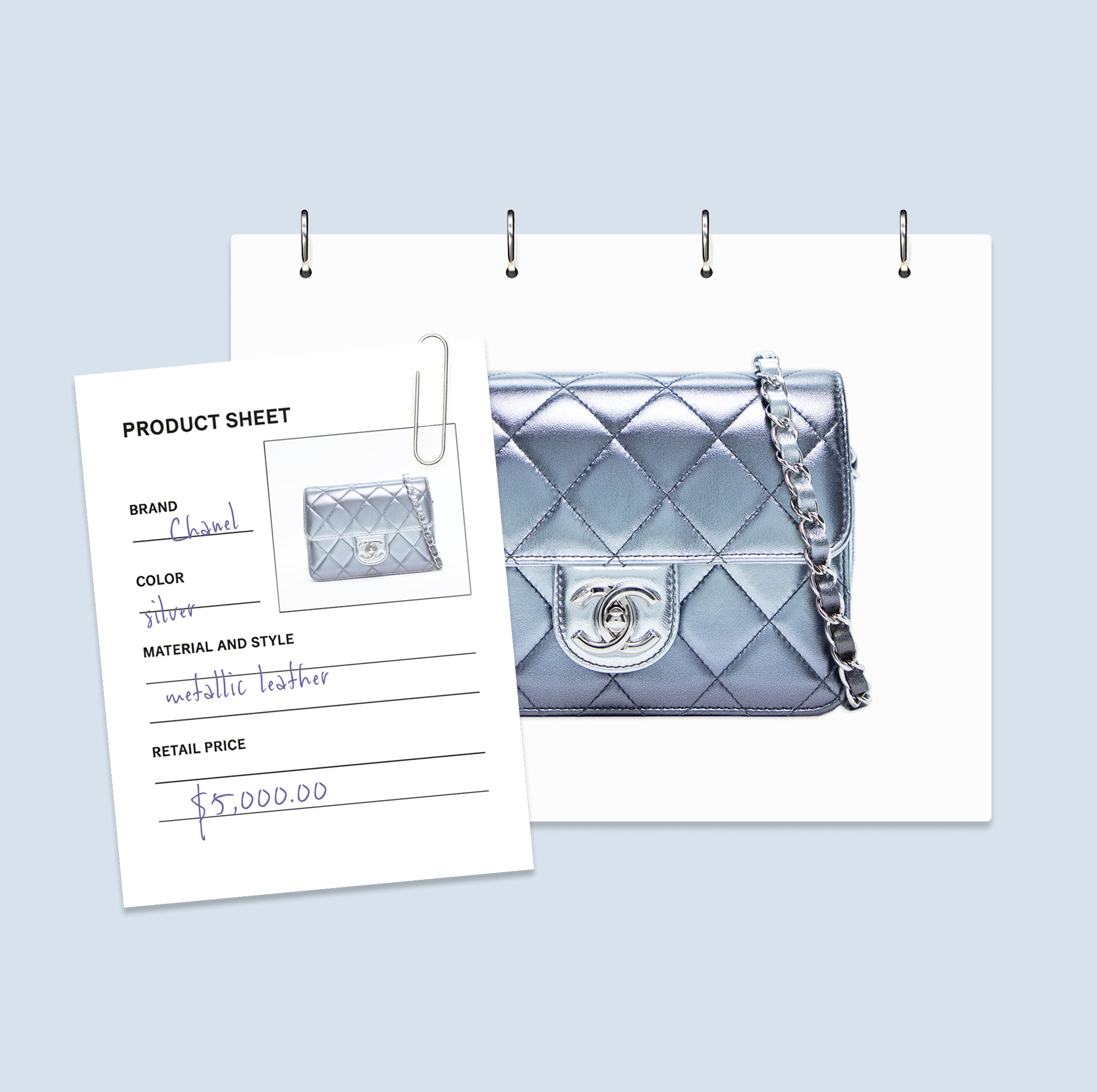 Luxury handbag and product sheet with details about the bag