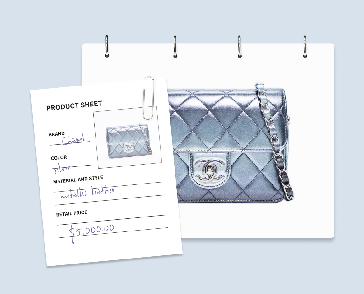 Luxury handbag and product sheet with details about the bag